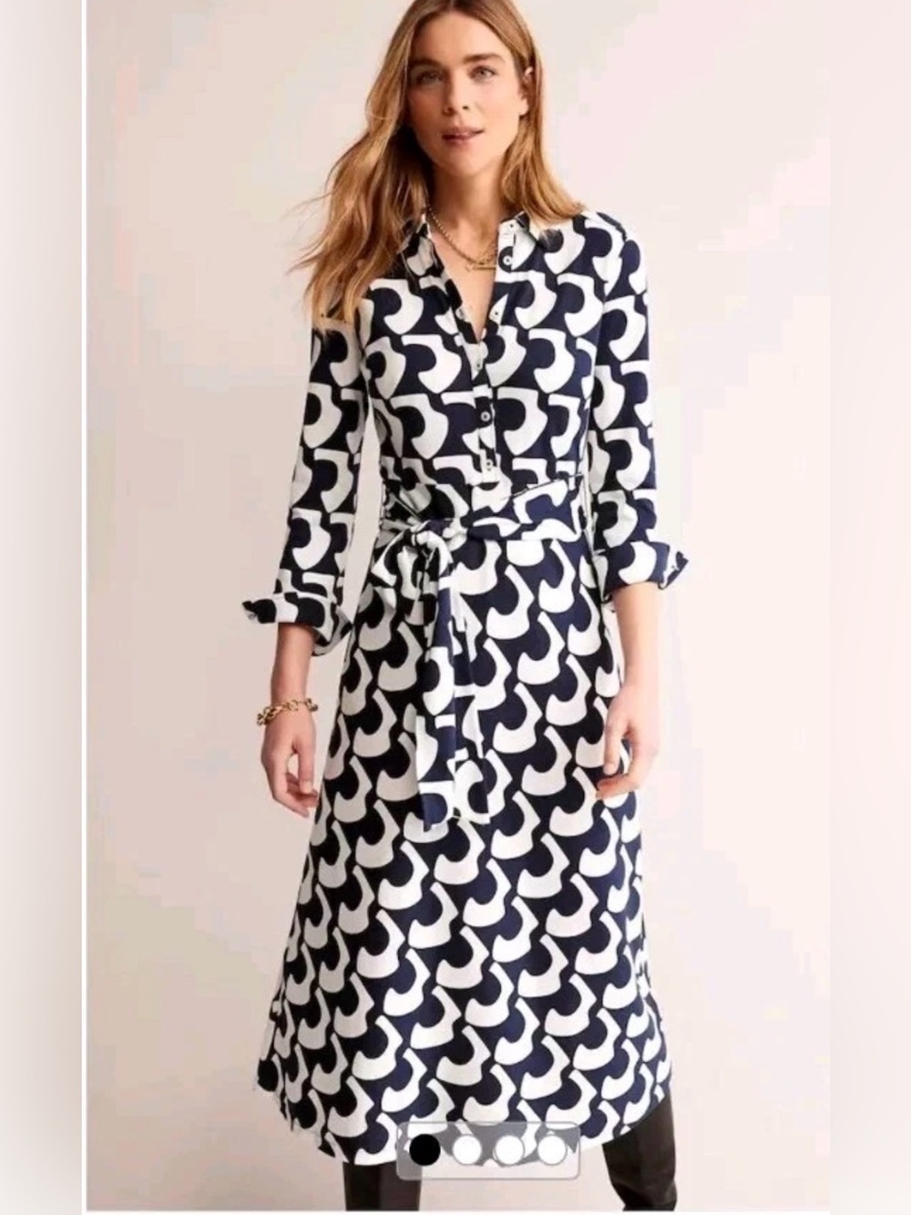 Boden Laura Jersey Midi Shirt Dress SIZE 8 L Navy White Belted Comfort